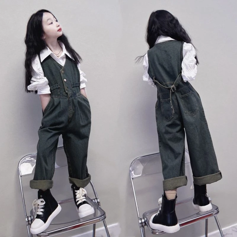 女童牛仔背带裤连体裤衬衫套装2024春装新款法式洋气女孩春秋装潮