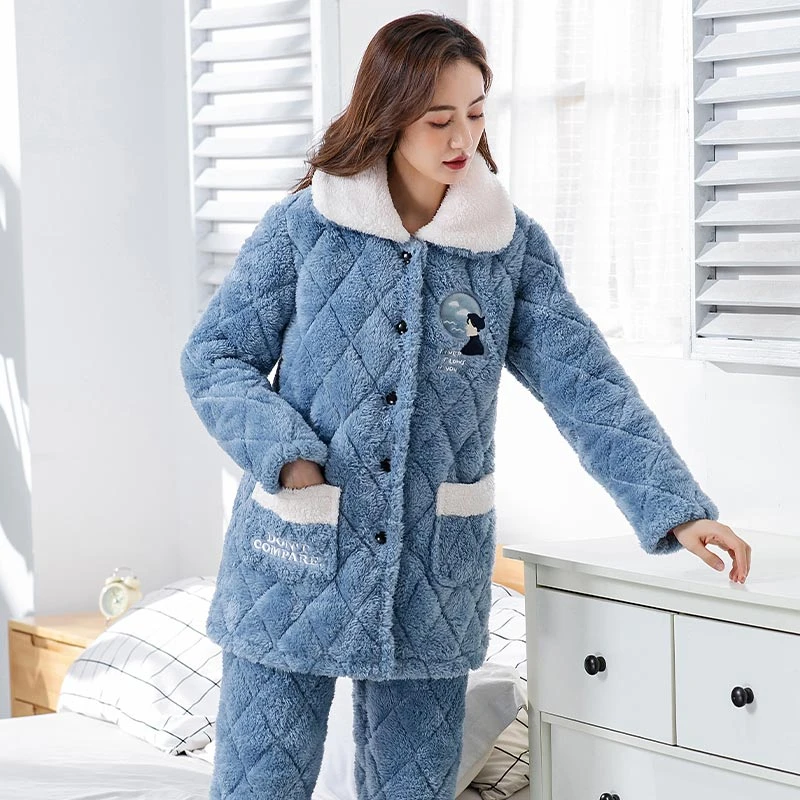 新粉福利睡衣女士冬季三层加绒加厚夹棉保暖宽松大码可外穿家居服