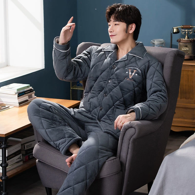 【送老公送爸爸】睡衣男士冬季加绒加厚三层夹棉宽松保暖家居服套装
