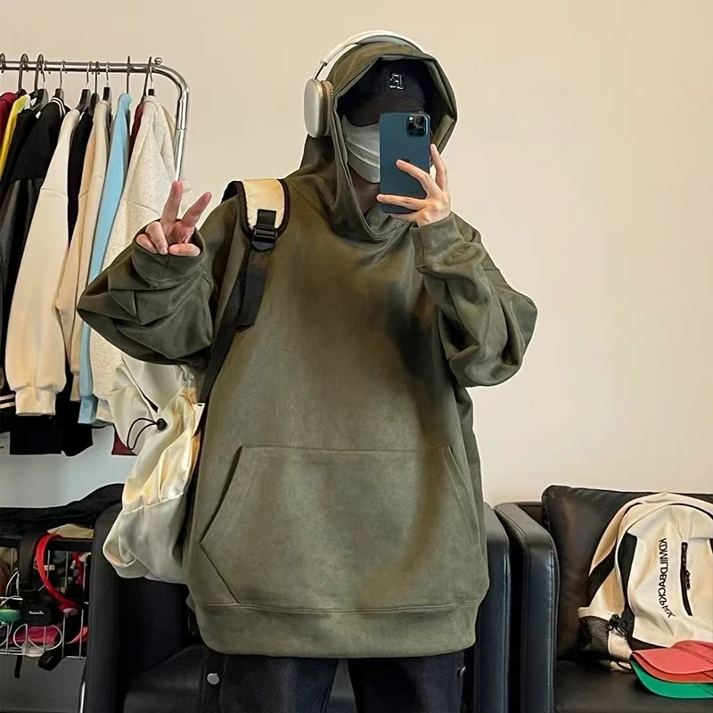 WY10001仿麂皮绒连帽卫衣男潮流简约宽松情侣百搭衣服上衣男装