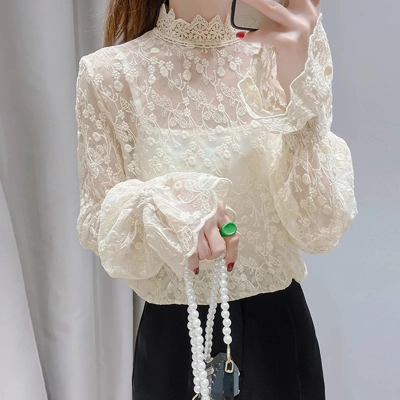 高档时髦喇叭袖立领蕾丝打底衫秋季新款长袖上衣内搭叠穿洋气小衫