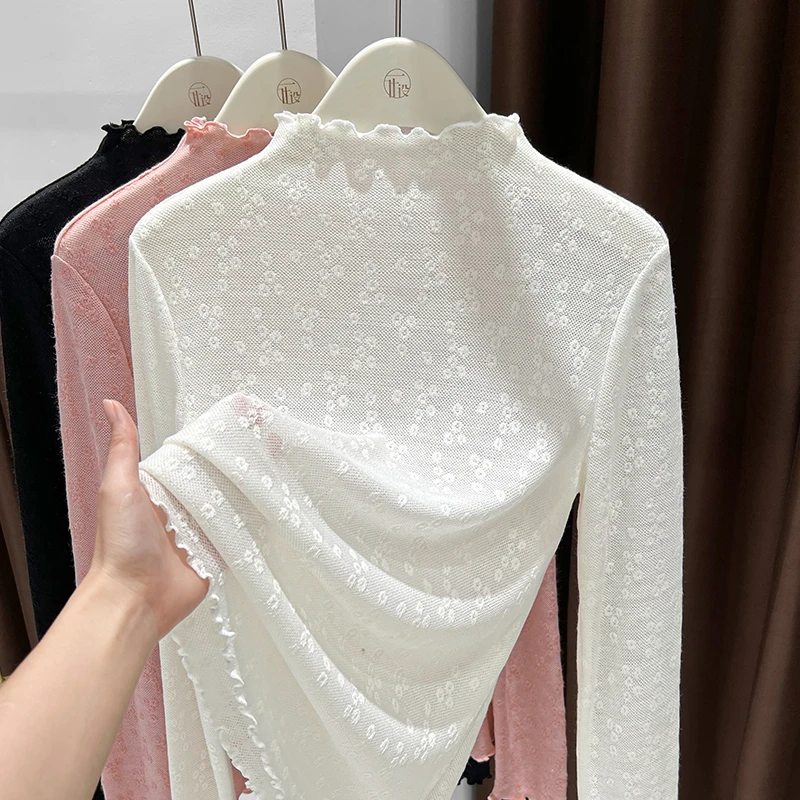 爆款针织提花长袖上衣2025新款高领设计感洋气小衫木耳边蕾丝打底