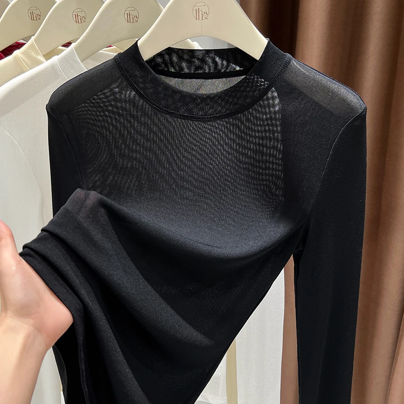 气质圆领蕾丝打底衫女秋冬洋气纱衣长袖春秋透明薄纱内搭网纱上衣
