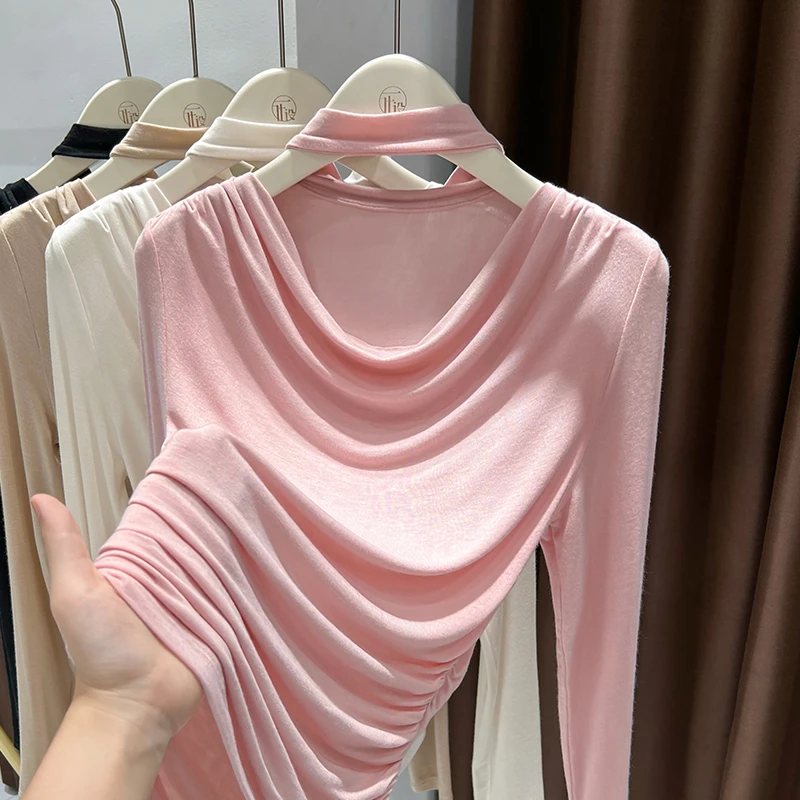 粉色高级感挂脖V领纯欲上衣春秋气质荡领正肩T恤超弹皮肤衣打底衫