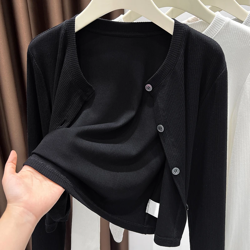 黑色女士气质小圆领长袖针织衫女秋季新款纯色高级感时尚短款开衫