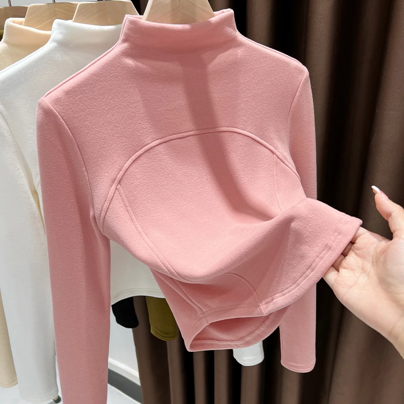 半高领双面德绒打底衫女秋冬季设计感鱼骨线加绒保暖内搭短款上衣