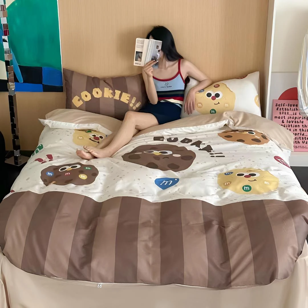 ins早秋新款可爱卡通情侣纯棉全棉四件套奶油风简约单人三件套