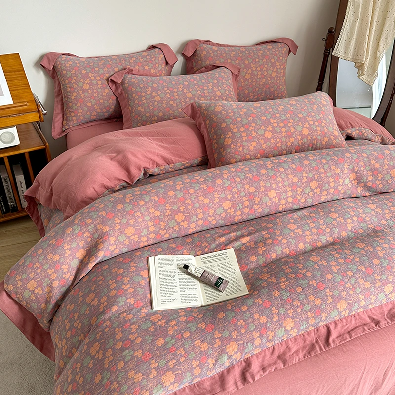 床上四件套双层纱a类全棉纯棉裸睡秋冬床单被套四季款-花满园