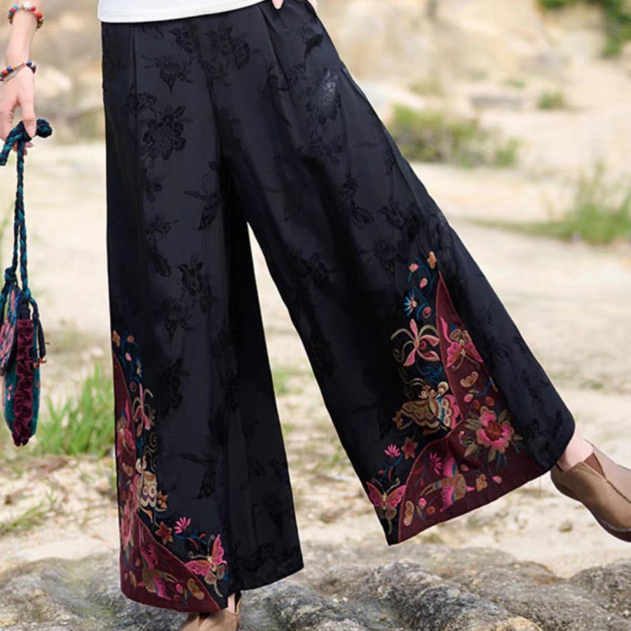 民族风复古绣花高腰显瘦夏季国风裤子女款垂感提花薄款刺绣阔腿裤