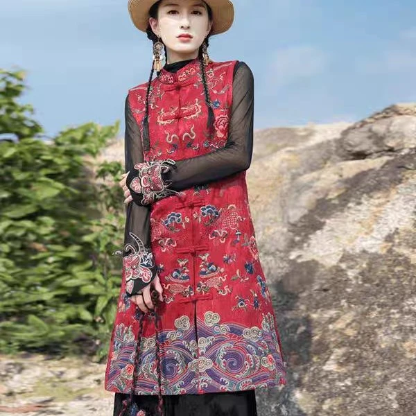秋冬民族风新款刺绣中长款马夹女款国风立领马甲红色背心修身坎肩