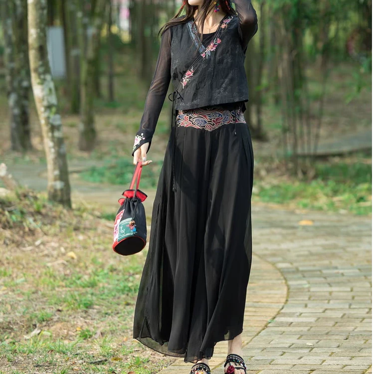 民族风女装休闲裤绣花千丝邹飘逸大摆裤裙肥腿裤阔腿裤宽松九分裤