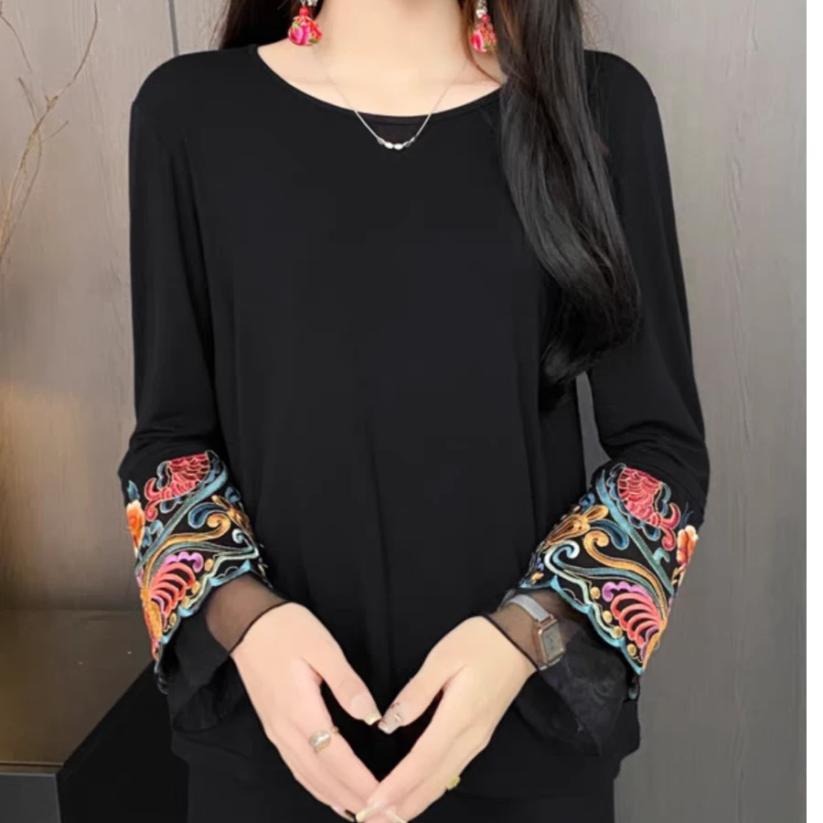 民族风女装秋冬长袖t恤复古高弹宽松显瘦遮肉大码中式时尚打底衫