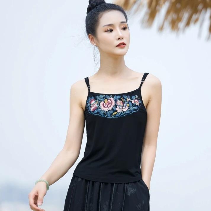 夏季民族风女装刺绣时尚修身显瘦内搭吊带背心文艺复古打底上衣女