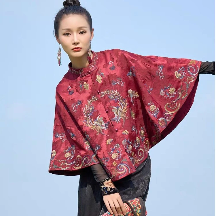 民族风披肩女款秋冬外搭高档重工刺绣提花丝麻新中式百搭红色外套