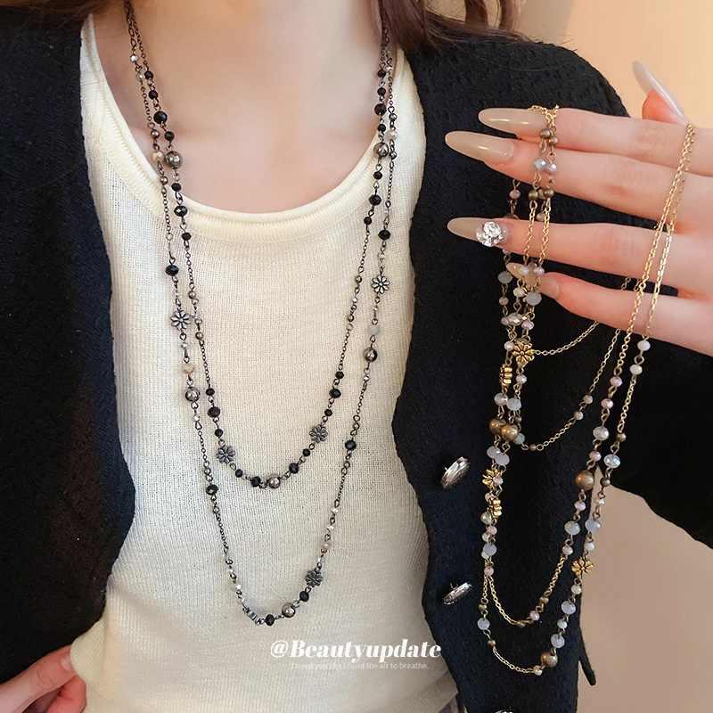 合金项链 法式轻奢复古花朵叠戴项链百搭小众气质毛衣链高级感