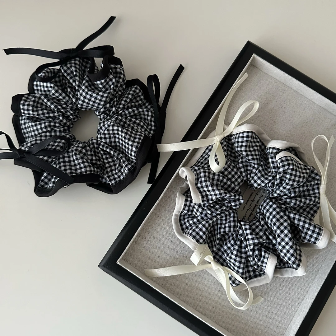 黑白格纹ins风大肠发圈甜美蝴蝶结少女风头绳公主高级丸子头发饰