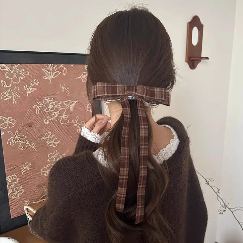 格纹蝴蝶结飘带鸭嘴夹美拉德色系发夹少女感后脑勺半扎发夹子
