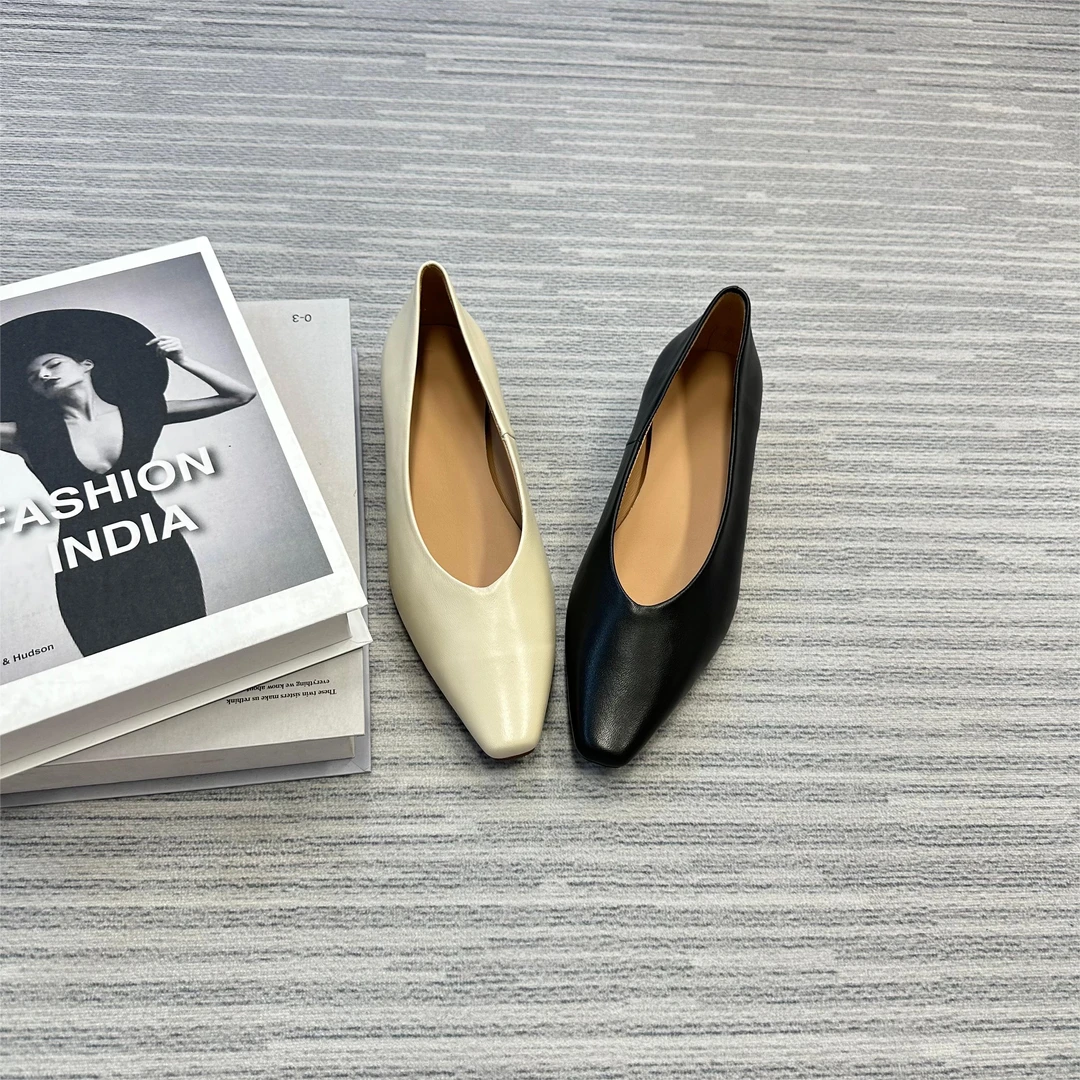 F2024法式夏季新款羊皮小方头时尚百搭浅口粗跟小单鞋F1089-21