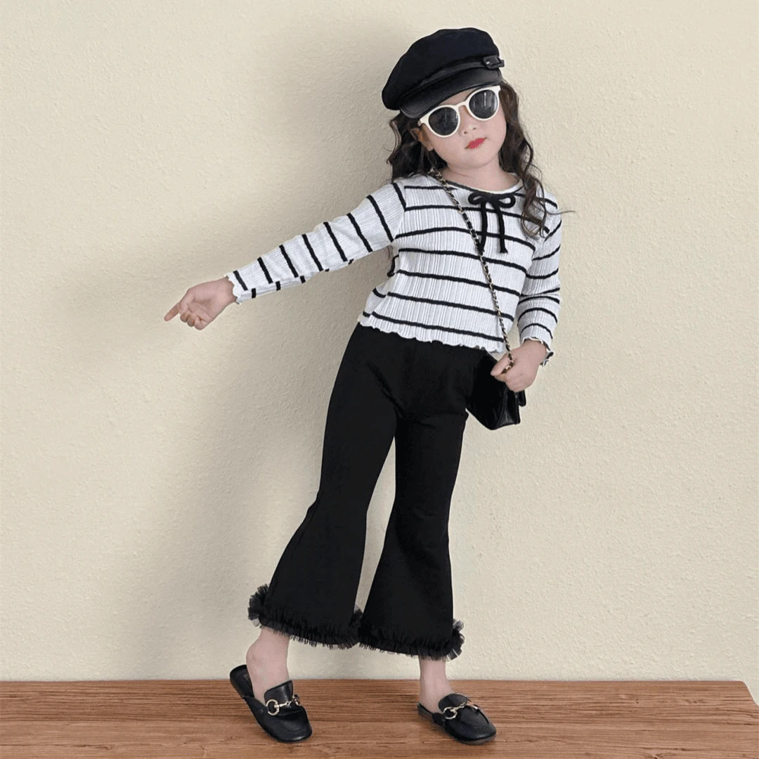 【清仓大促】女童长袖套装小香风新款蝴蝶结条纹T恤韩版洋气女宝宝