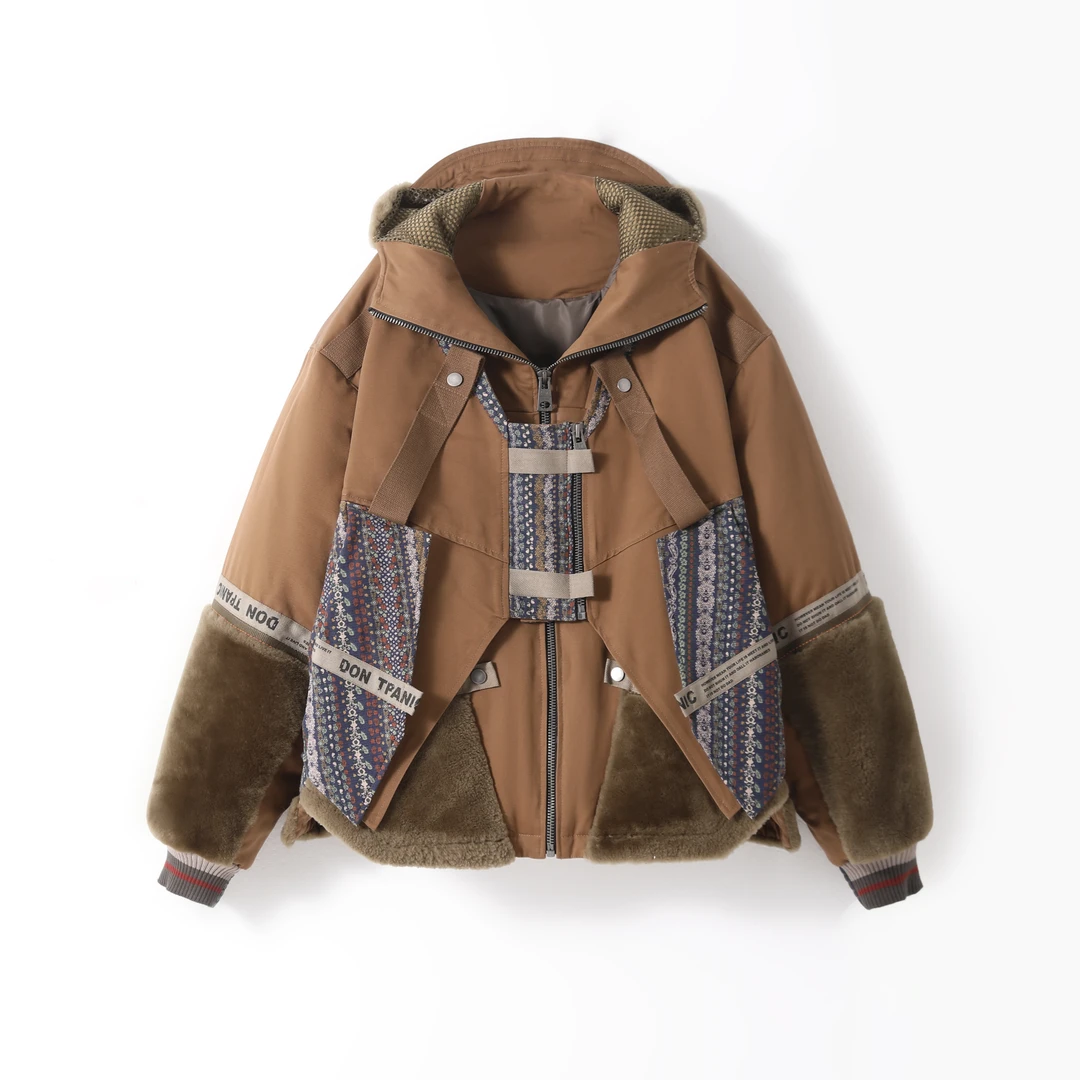 复古休闲连帽撞色拼色皮毛一体宽松加绒时尚设计师秋冬女女士韩版