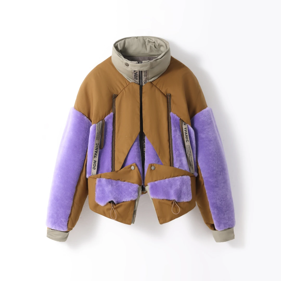 美拉德原创短款时尚韩版拼色拼接皮毛一体冬季保暖加绒宽松外套女