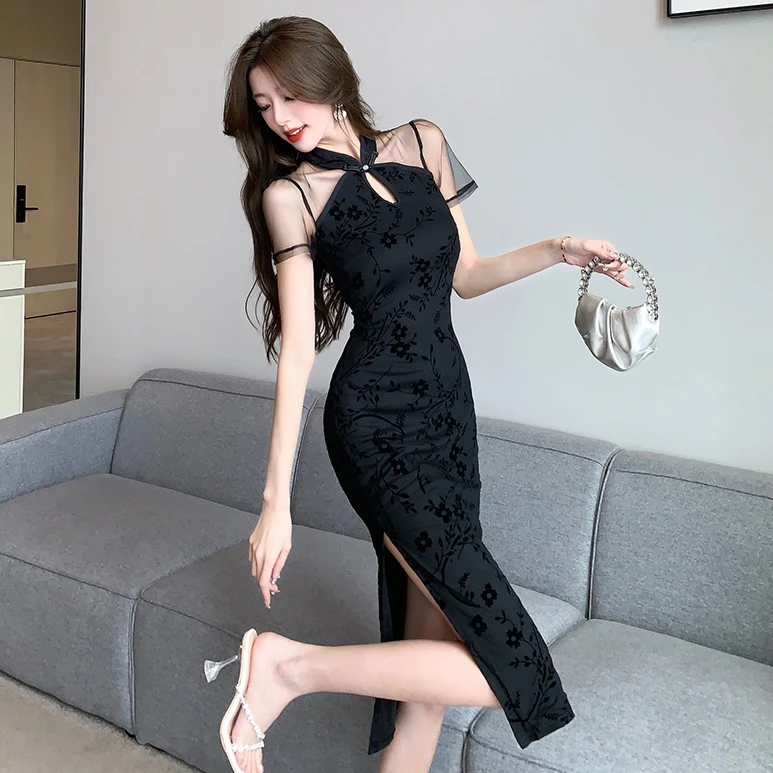 法式赫本风高级感晚礼服新中式国风镂空网纱拼接提花包臀开叉旗袍