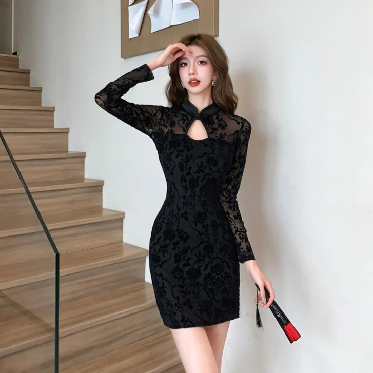 改良版旗袍秋冬新中式年轻款少女日常复古植绒长袖显瘦包臀连衣裙