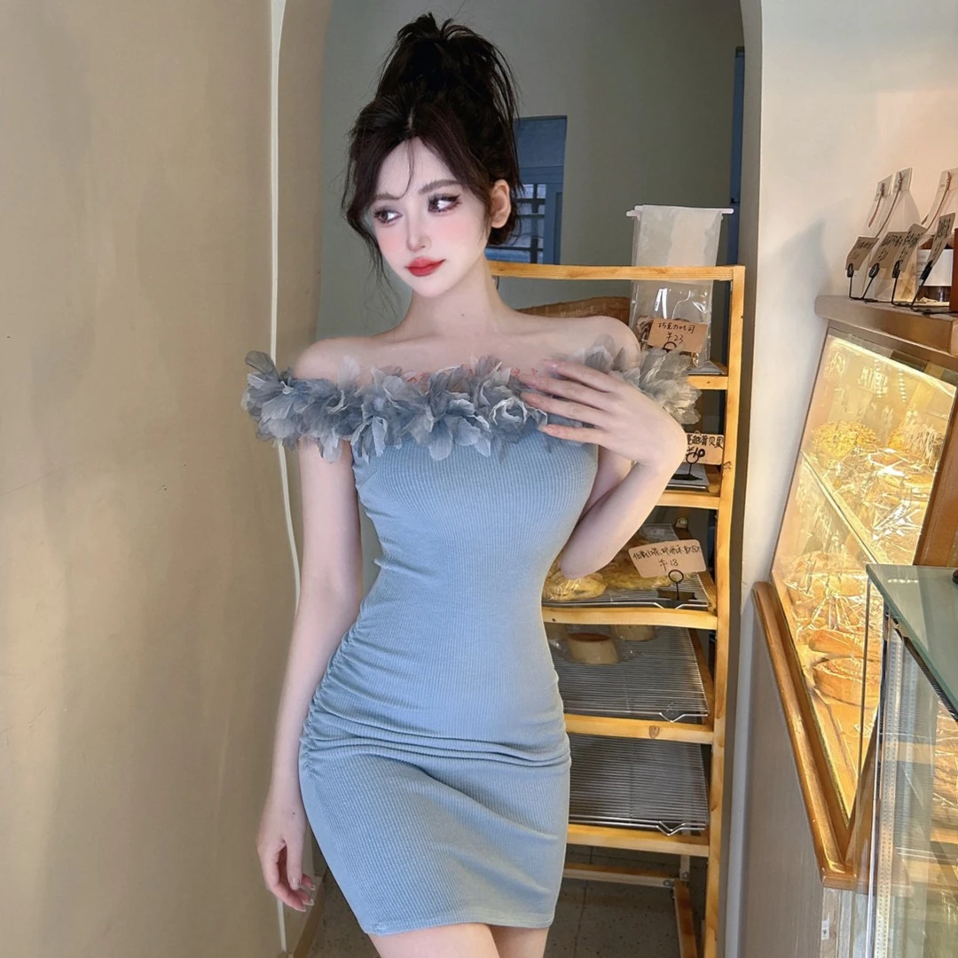 直播衣服女主播上镜纯欲风一字领仙气花朵收腰显瘦包臀性感连衣裙