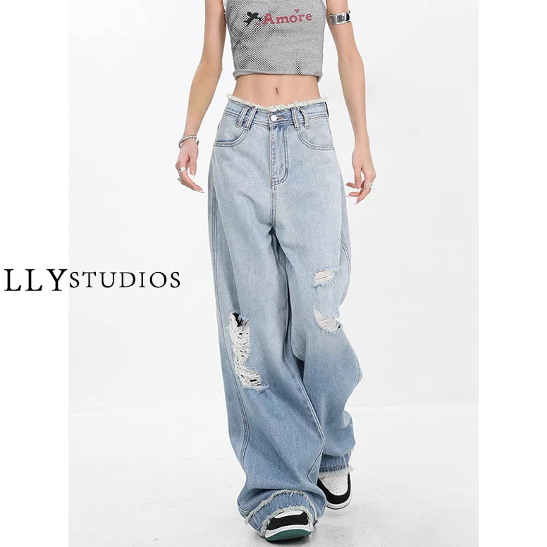 2024夏季新款蓝色渐变水洗破洞牛仔裤女小众毛边设计感垂感拖地裤