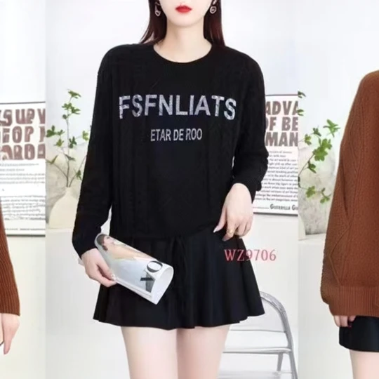 韩版chic减龄字母印花休闲宽松百搭套头下摆抽绳针织毛衣FG846