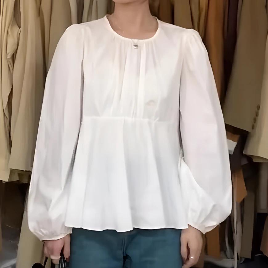 夏季新款圆领小褶皱百搭显瘦长袖上衣FG044