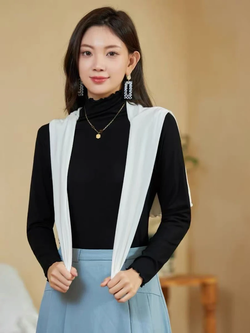 女士时尚长袖薄款高领木耳边打底衫FG1084