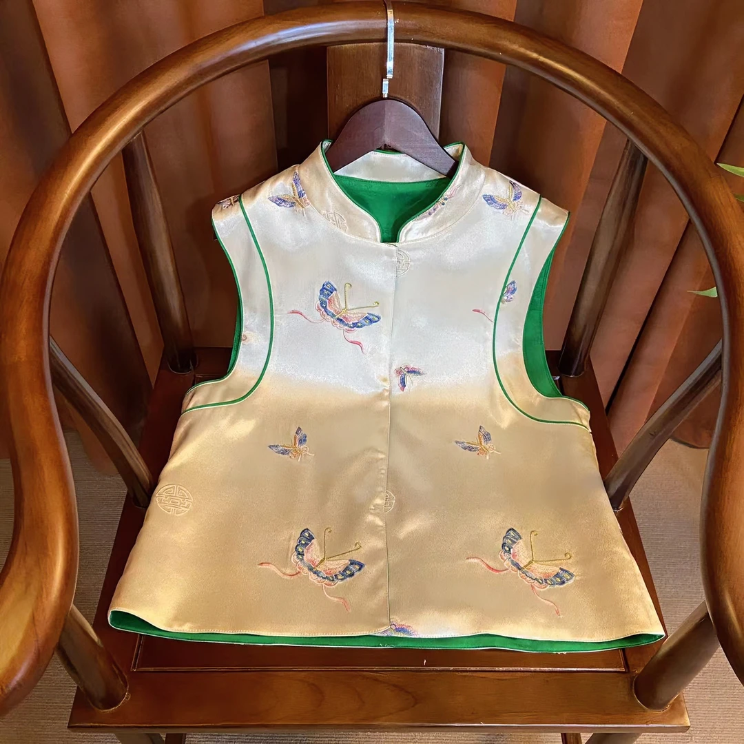 「蝶欣」蝴蝶刺绣中式立领马甲外套女2024春季新款醋酸缎面坎肩上