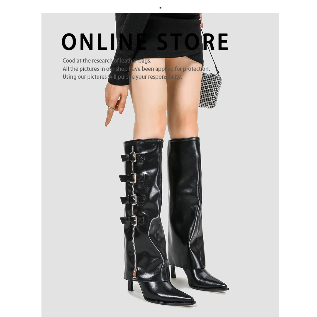 辣妹走秀库管靴女秋冬新款侧拉链高跟时装靴皮带扣过膝长筒靴子