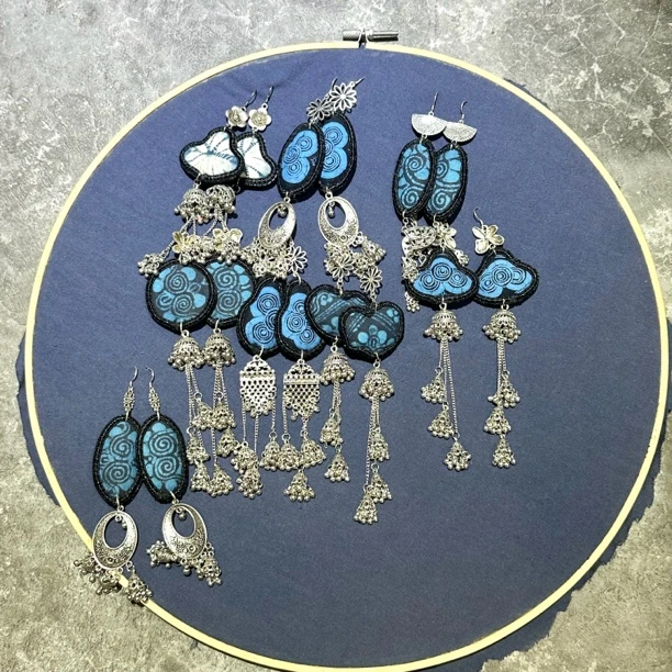 非金属布艺耳饰 Q 苗族刺绣蜡染耳环吊坠耳环925银耳钩