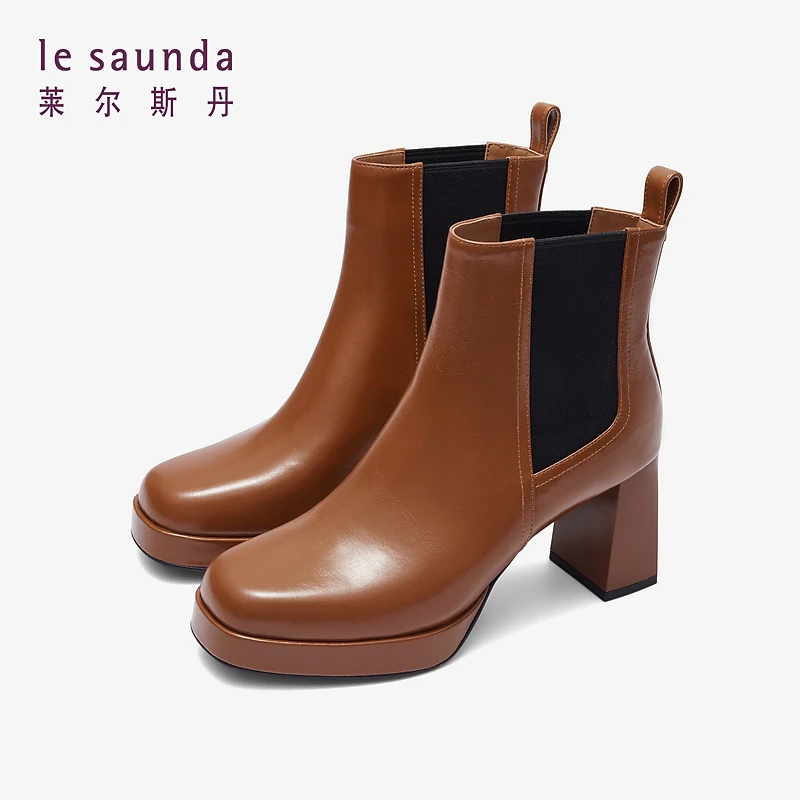 莱尔斯丹秋季新款时尚纯色方头拼接厚底高跟短靴女鞋4T73502