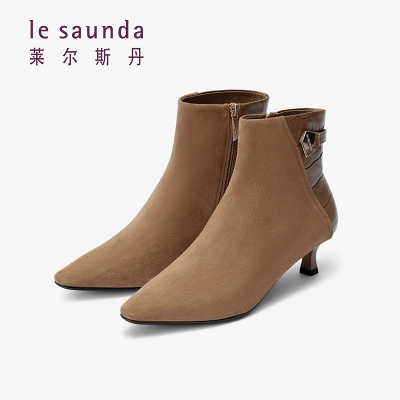 莱尔斯丹秋冬尖头时装时尚优雅细跟中跟金属饰扣拉链女靴3T59304