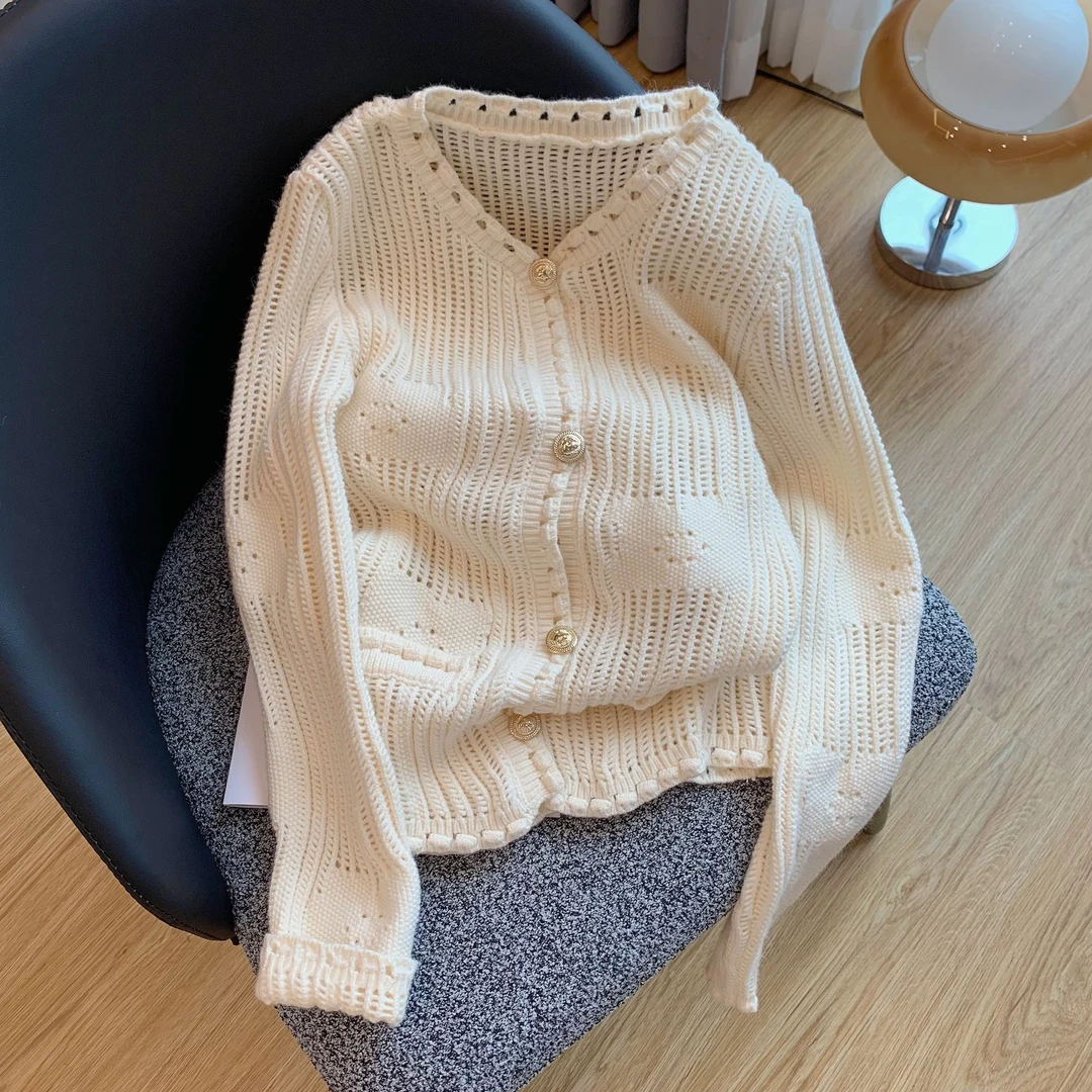 法式小香风镂空圆领针织开衫女秋季新款百搭时尚气质长袖毛衣外套