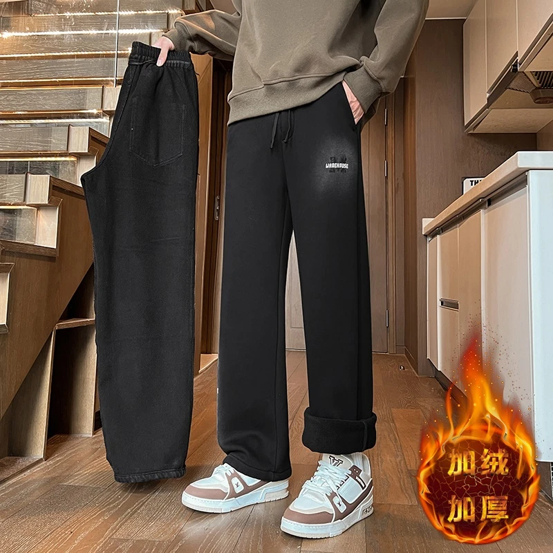 高中生加绒卫裤胖男孩秋冬装潮牌学生大童加厚运动长裤子男装帅气