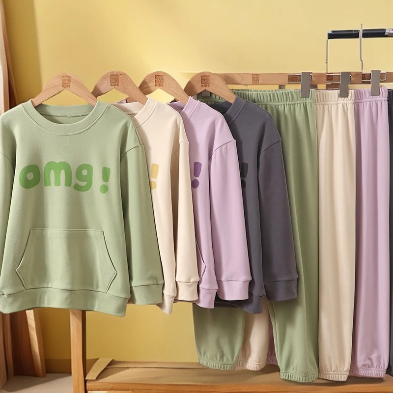 儿童秋冬家居服套装亲子款休闲中大童睡衣时尚加绒加厚保暖套装