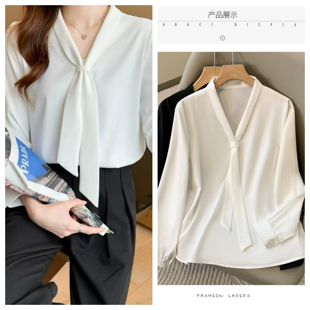 【小曹大码】衬衫女秋季宽松显瘦百搭v领长袖洋气上衣潮-QGQY66609
