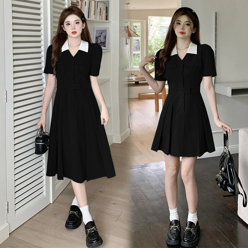 Q大码女装夏季胖MM夏季法式气质短袖黑色翻领显瘦连衣裙YM6162