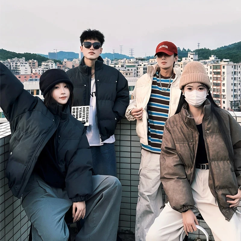 男女同款冬装美式PU皮棉服百搭宽松情侣装加厚保暖松弛感棉衣面包