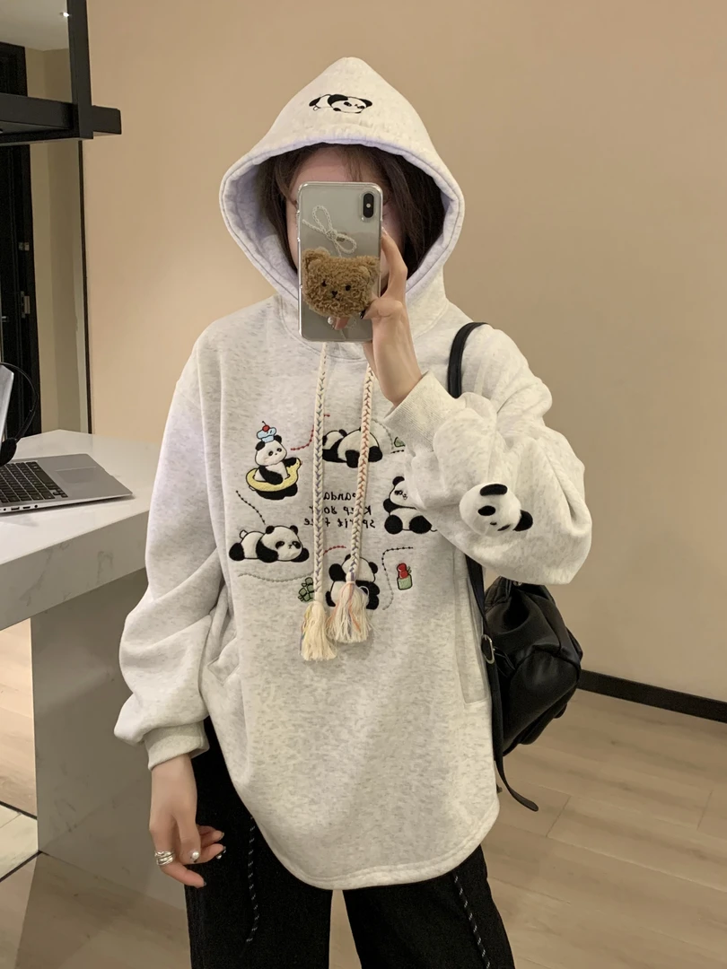 熊猫刺绣斗篷款中长款包臀连帽卫衣加绒加厚女款宽松百搭休闲韩版