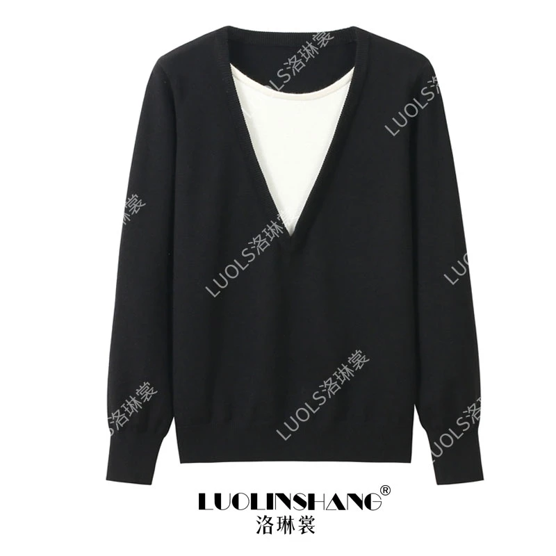 2025春秋新款拼色假两件圆领针织打底衫宽松显瘦洋气内搭外穿毛衣