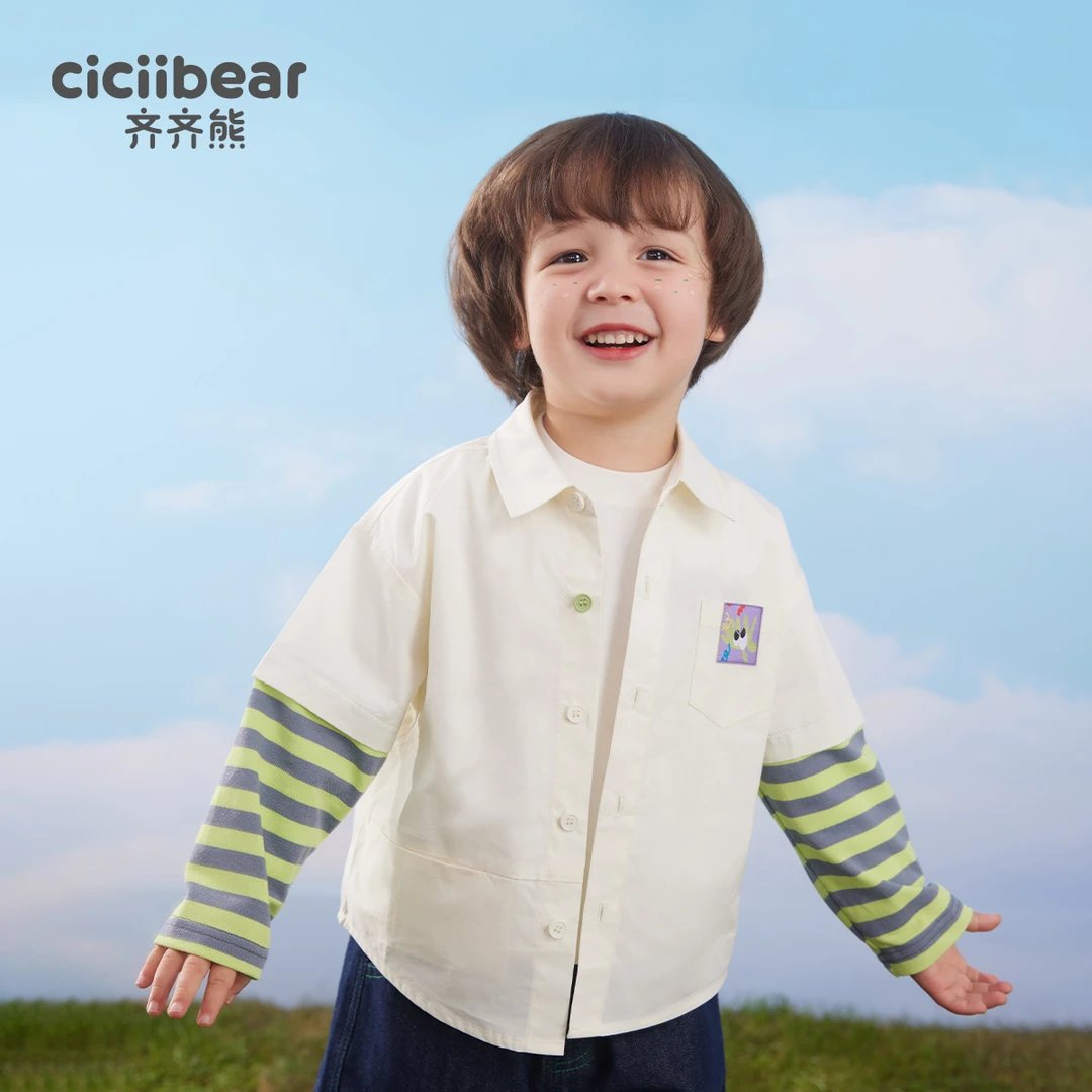 【齐齐熊】衬衫儿童假两件衬衣宝宝纯棉长袖开衫童装外套Q101727