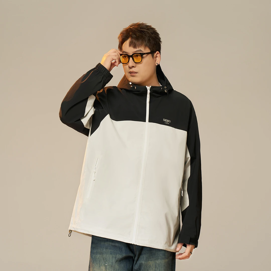 黑劲【拼接冲锋衣】森老板春季运动休闲连帽外套潮胖子大码男外套