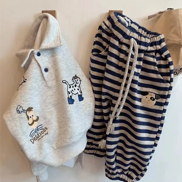 童装儿童春秋套装2025新款洋气时髦运动男女童翻领卫衣条纹裤