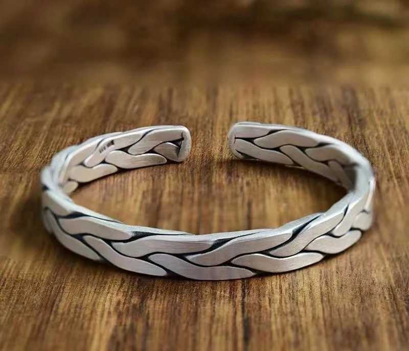 足银手镯 足银9999手镯哑光拉丝编织麻花开口时尚中性男女同款