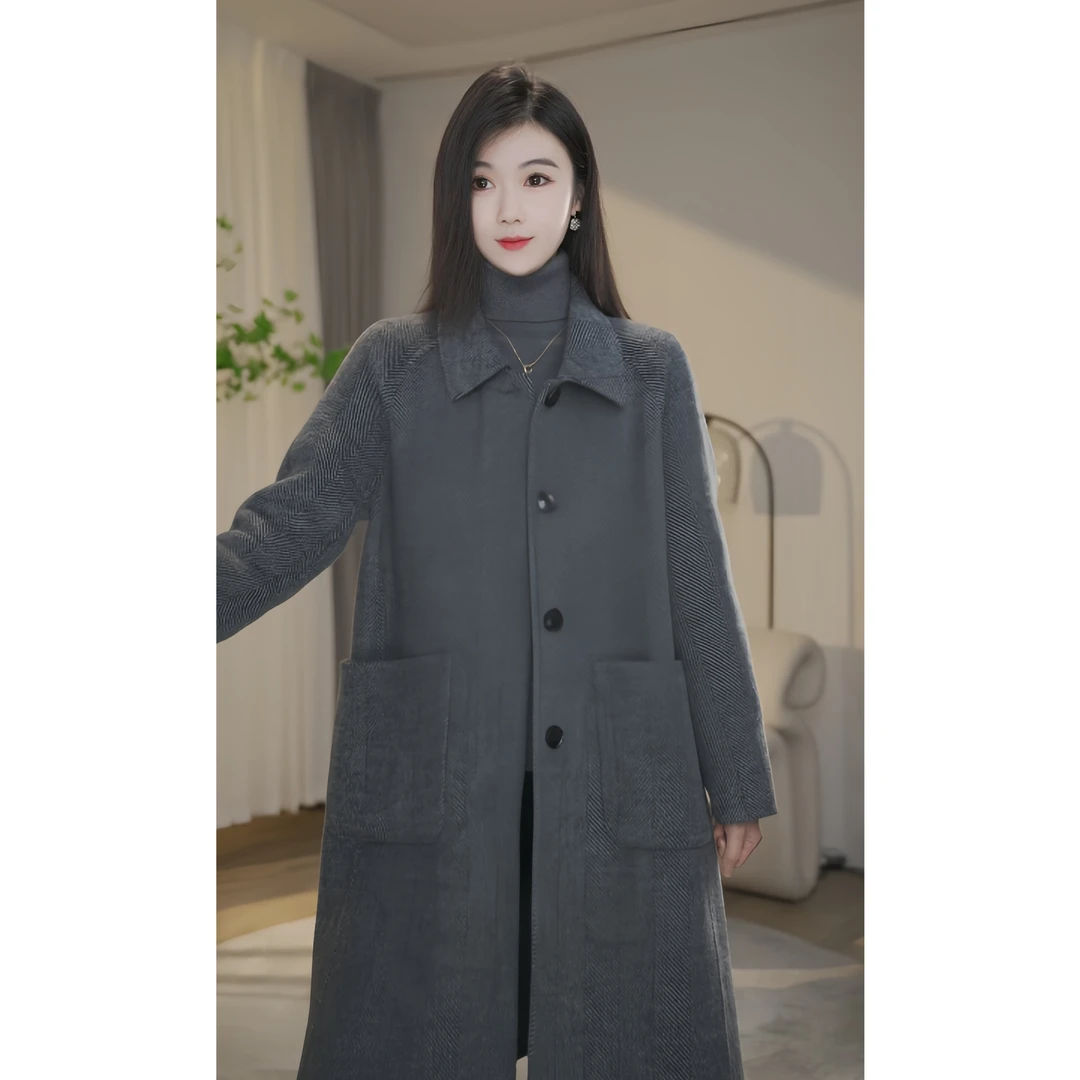 【冬日暖阳】8484059A混灰色新款高端气质双面呢羊毛大衣女中长款